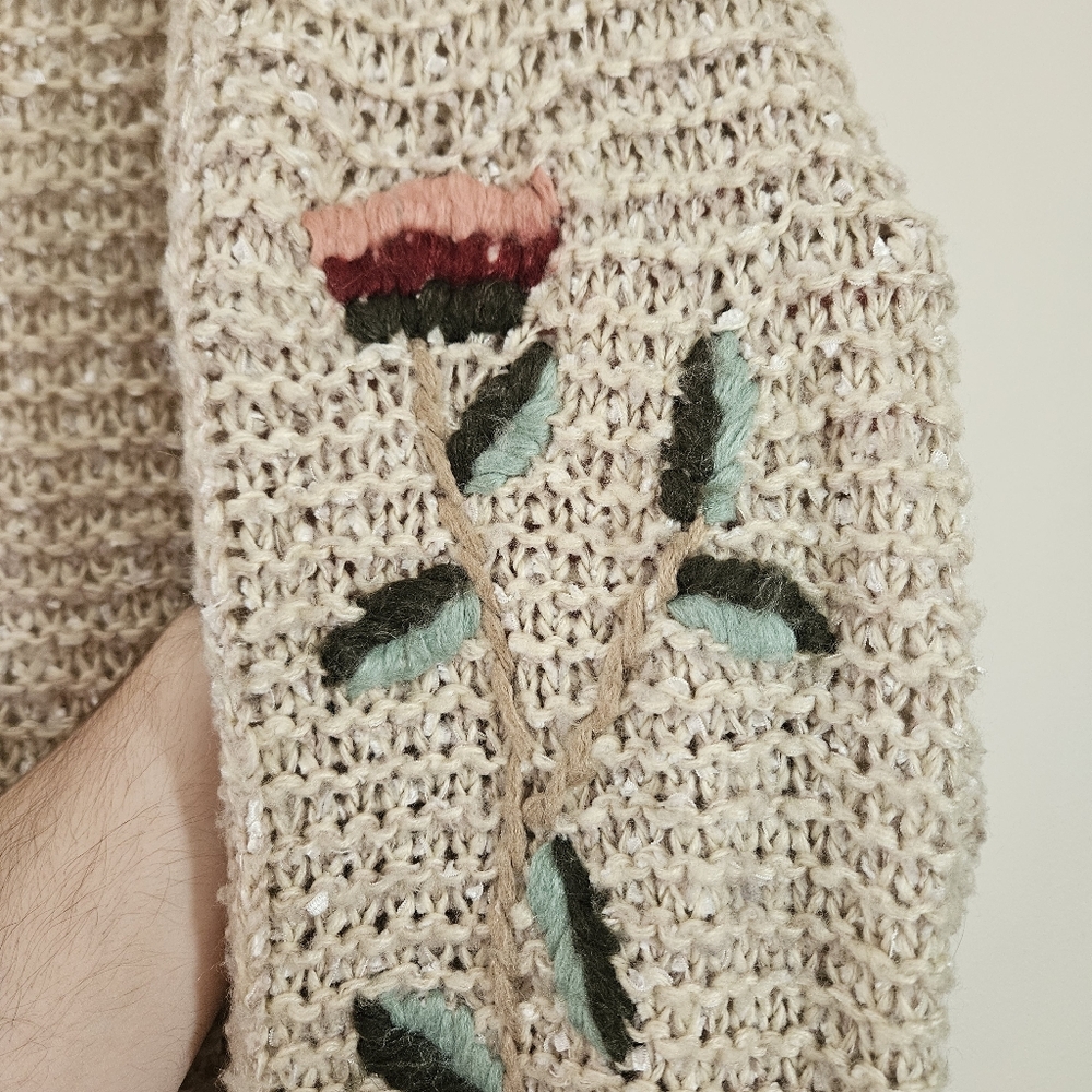 Alya Cream Oversized & Stretchy Open-Front Cardigan w/ Woven Flowers: Size LG - Picture 3 of 7